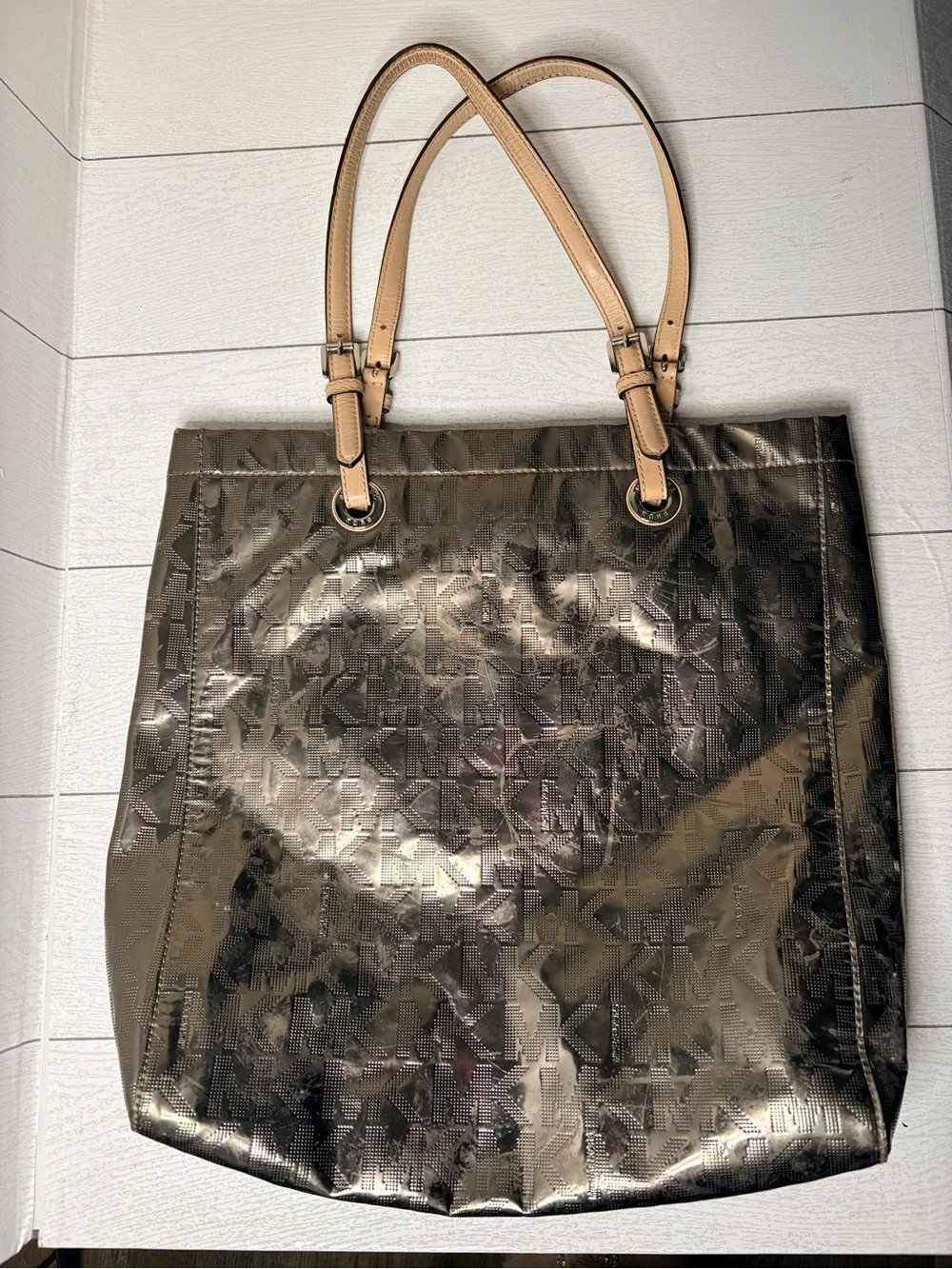 Michael Kors Metallic Bronze MK Logo Tote with Tan Leather Straps